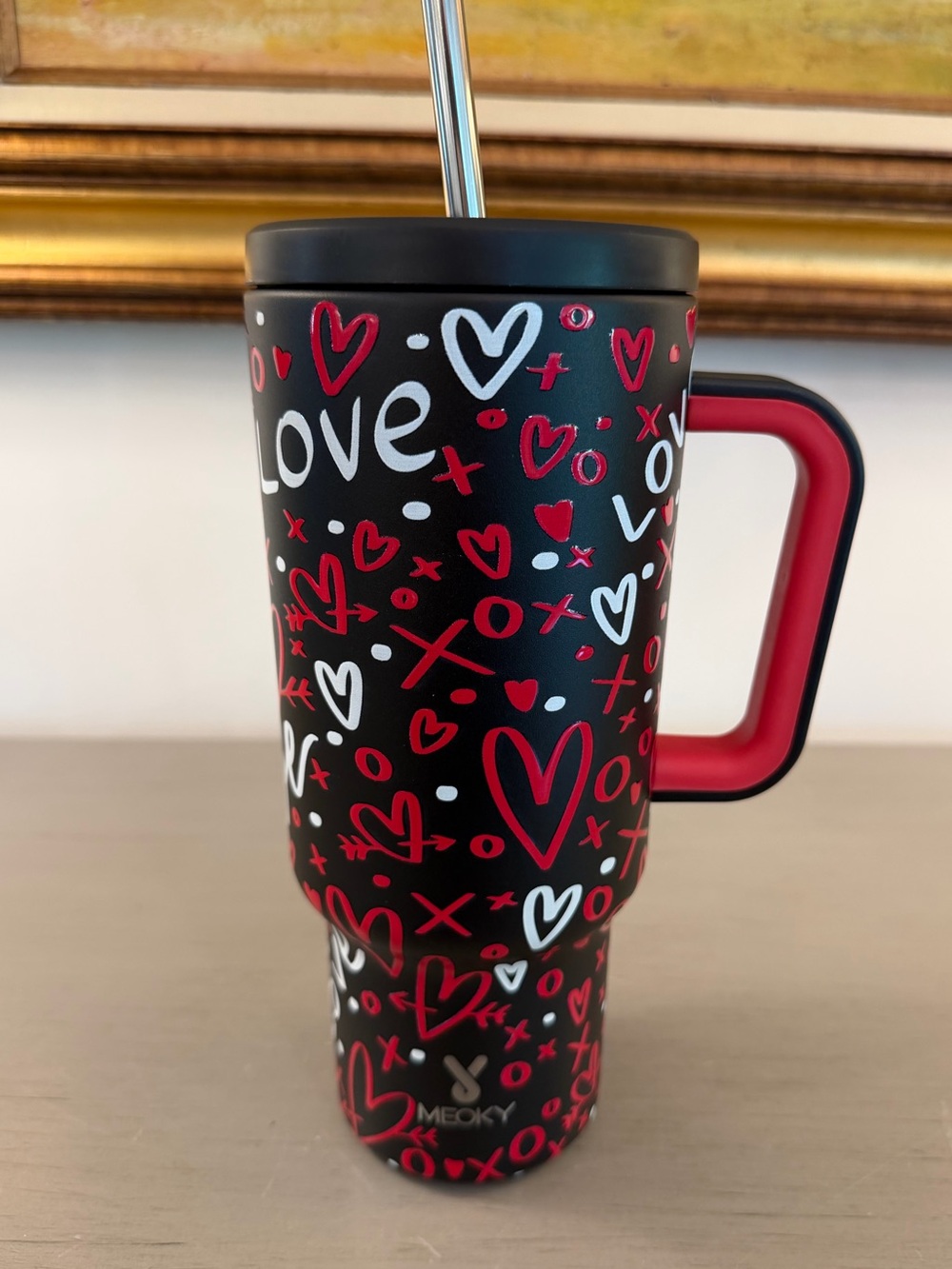 Meoky 40oz Valentine Love Insulated Tumbler Handle Straw Hearts Holiday Car Cup